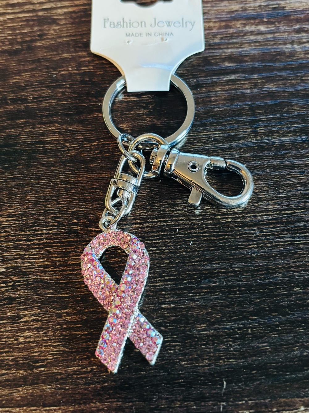 Pink Crystal Breast Cancer  Awareness Ribbon Keychain with Clasp